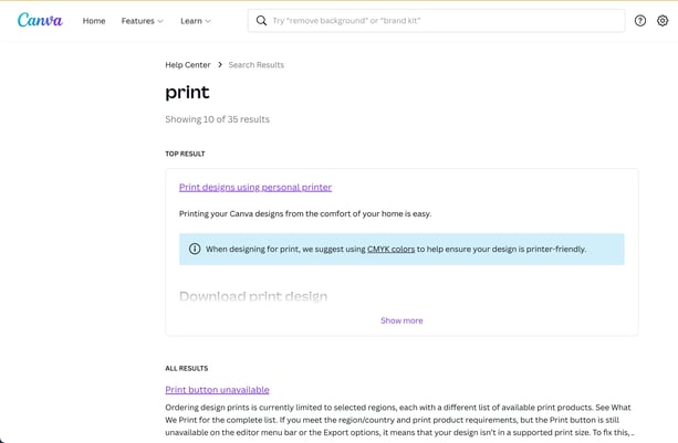 canva's knowledge base search result page