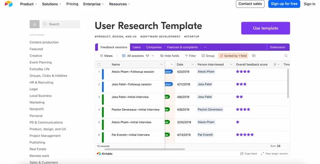 UX tools: airtable homepage and UX sample 