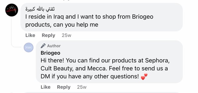 social media customer service examples: briogeo comments