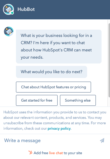 hubspot hubbot live chat tool conversation demo
