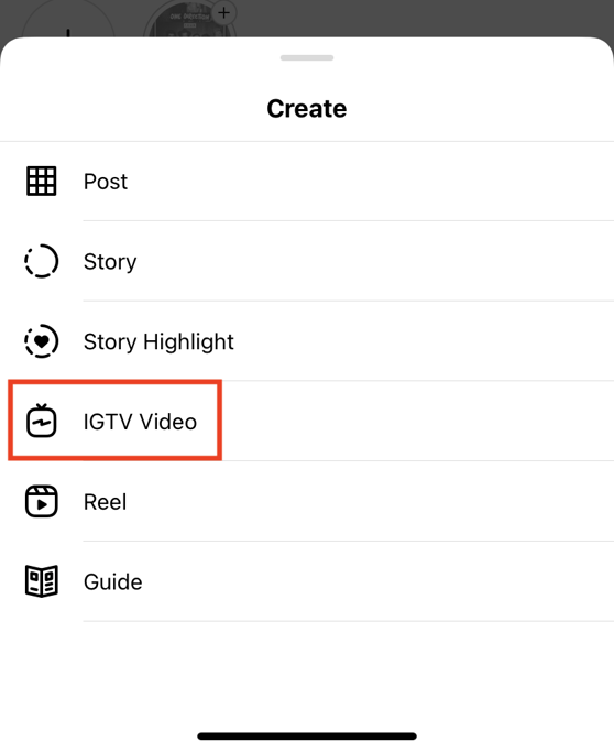 Create menu screen from instagram profile to upload an IGTV video